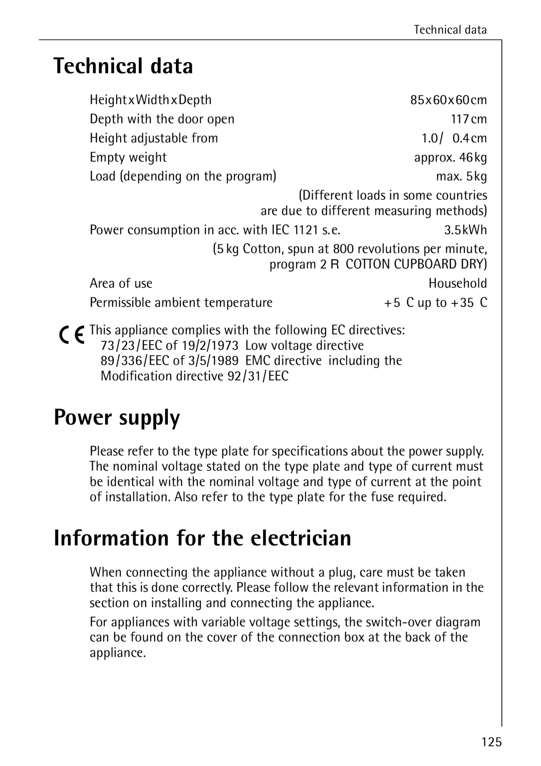 AEG T500 operating instructions Technical data, Power supply, Information for the electrician 