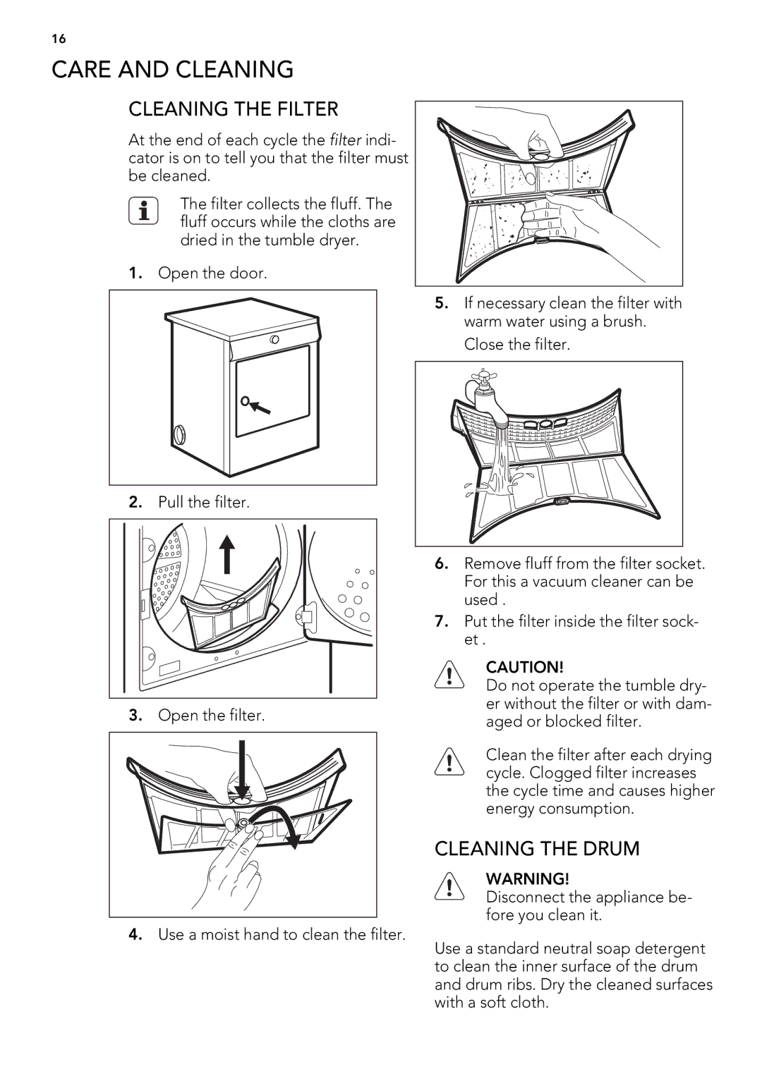 AEG T65179AV user manual Care and Cleaning, Cleaning the Filter, Cleaning the Drum 