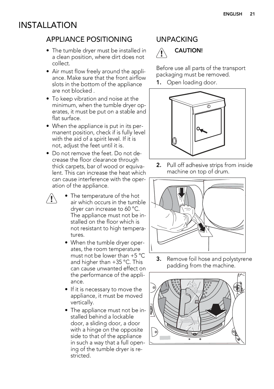 AEG T65179AV user manual Installation, Appliance Positioning, Unpacking 