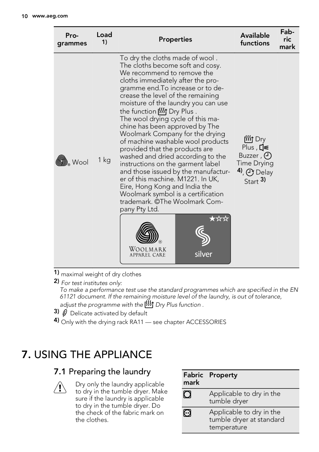 AEG T76280AC user manual Using the Appliance, Preparing the laundry 