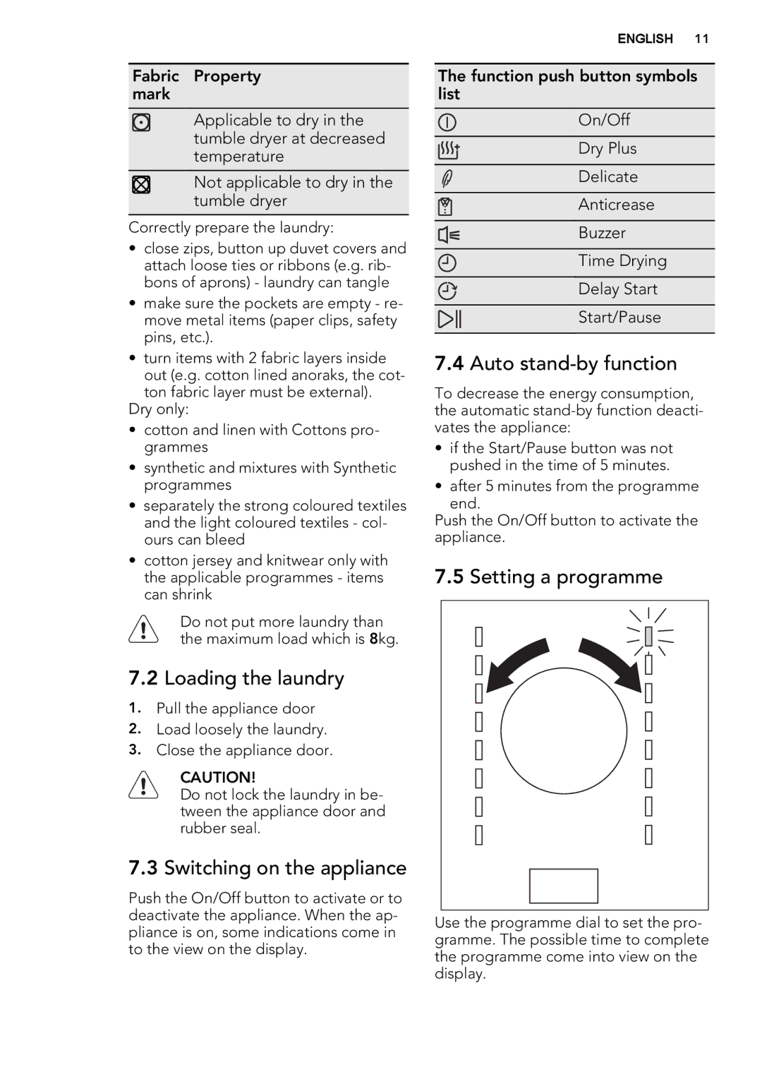 AEG T76280AC user manual Loading the laundry, Switching on the appliance, Auto stand-by function, Setting a programme 