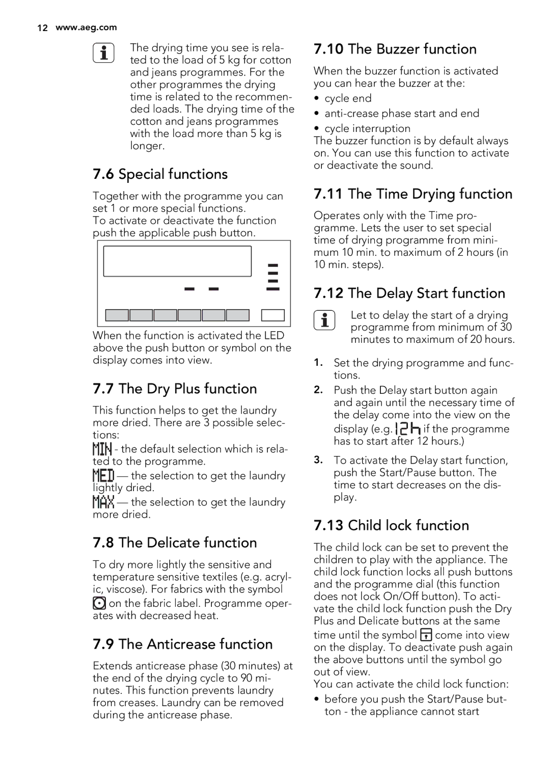 AEG T76280AC user manual Special functions, Buzzer function, Time Drying function, Dry Plus function, Delicate function 