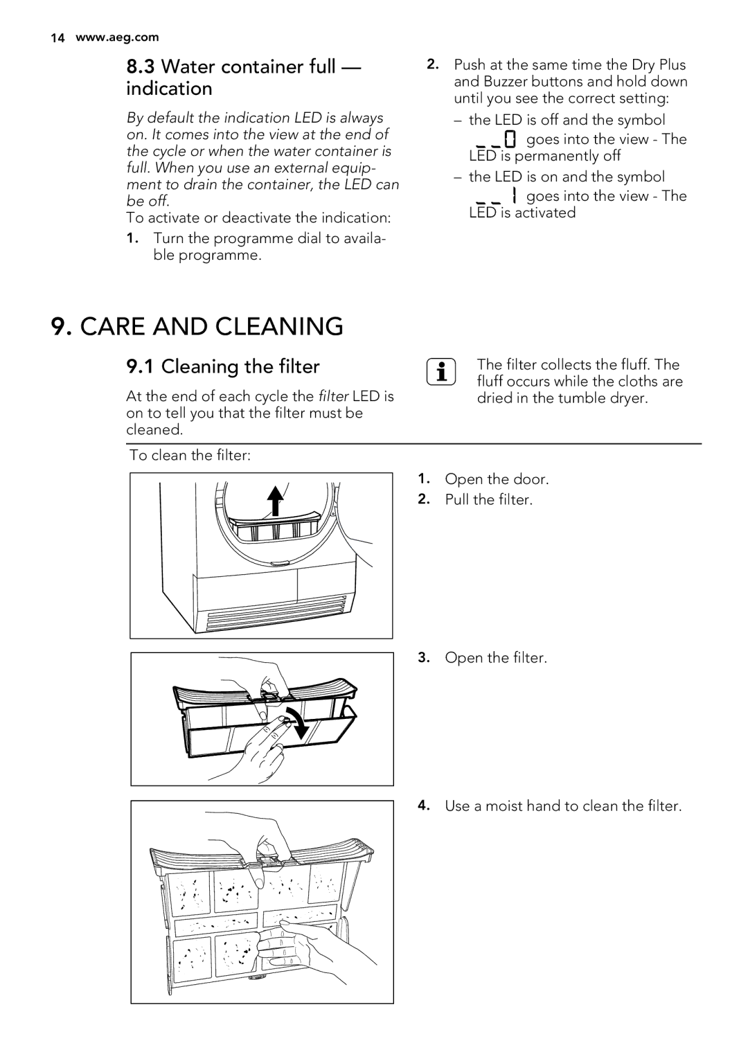 AEG T76280AC user manual Care and Cleaning, Water container full indication, Cleaning the filter 