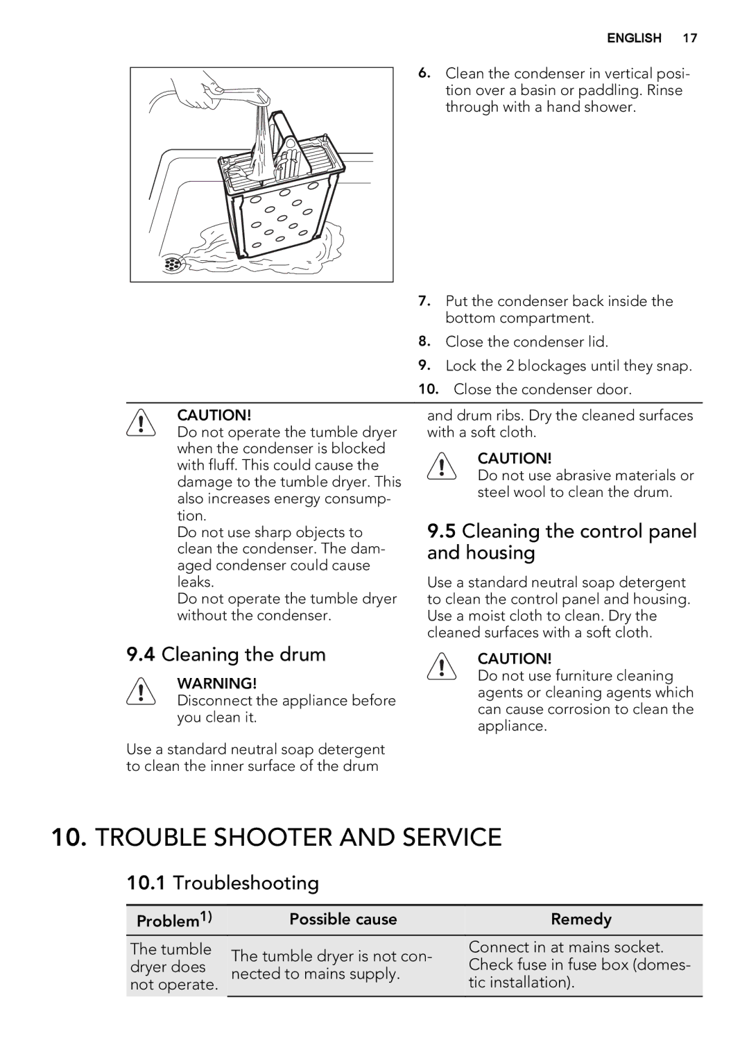 AEG T76280AC Trouble Shooter and Service, Cleaning the control panel, Housing, Cleaning the drum, Troubleshooting 