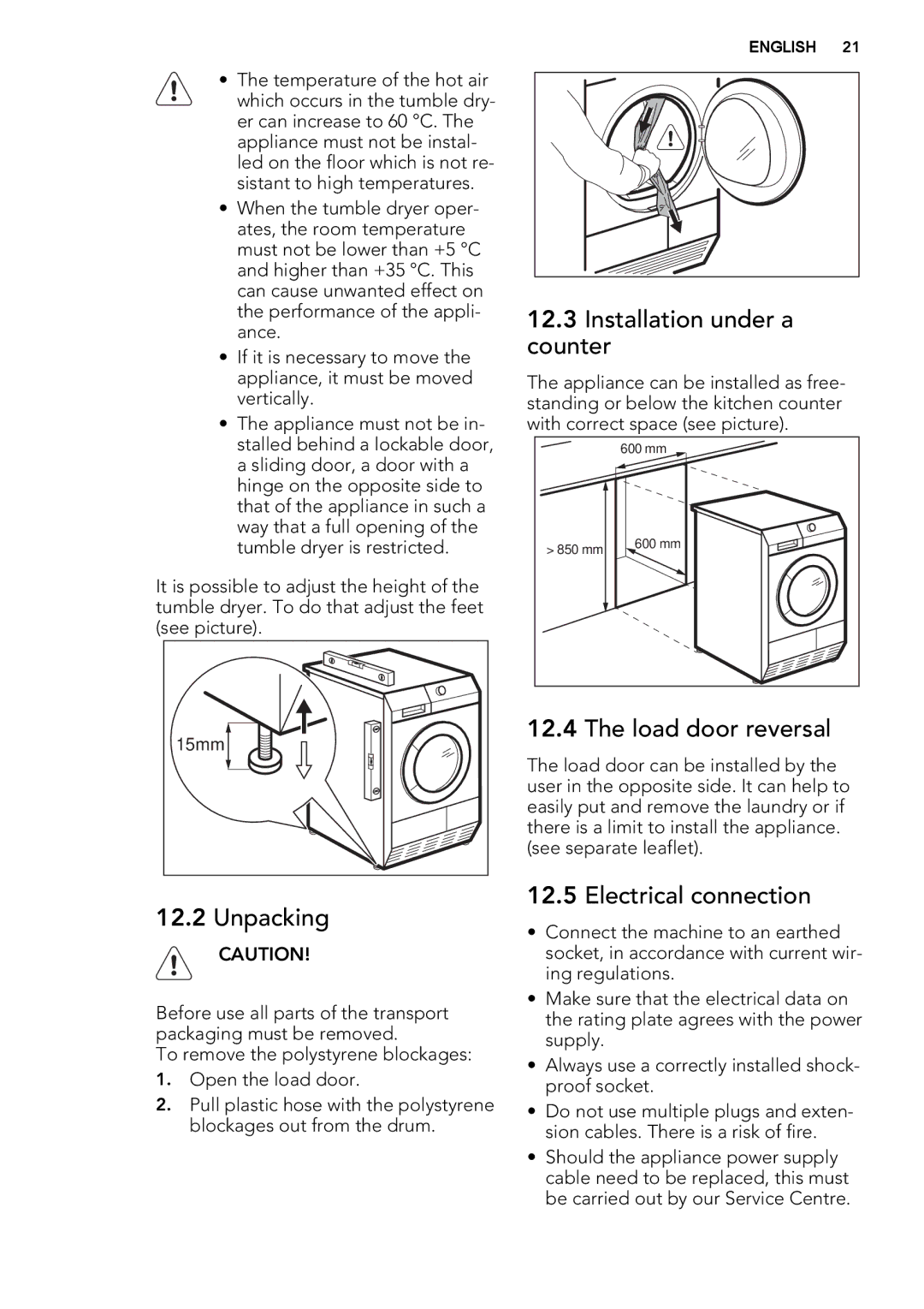 AEG T76280AC user manual Unpacking, Installation under a counter, Load door reversal, Electrical connection 