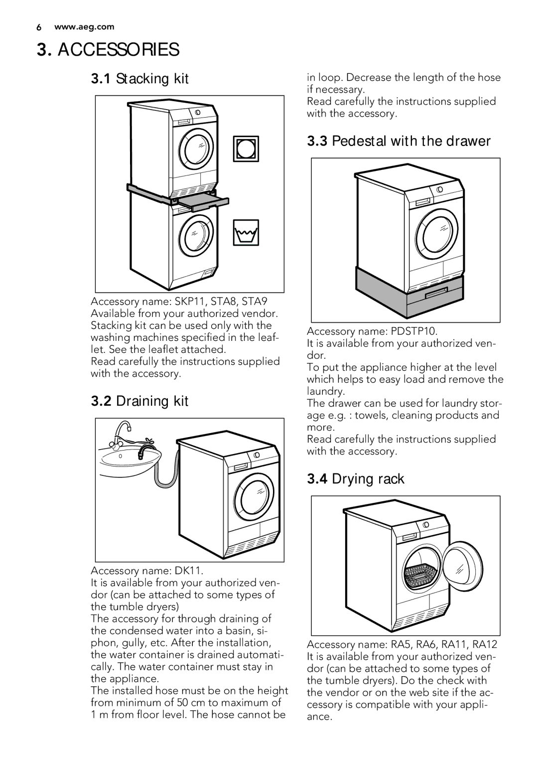 AEG T76280AC user manual Accessories, Stacking kit, Draining kit, Pedestal with the drawer, Drying rack 