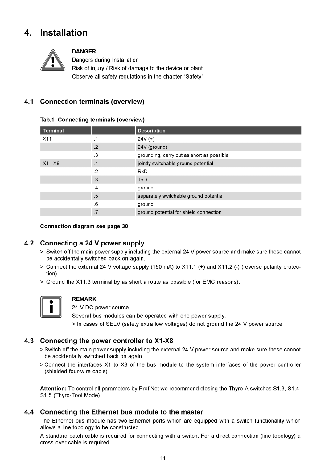 AEG Thyro-S H1 manual Installation, Connection terminals overview, Connecting a 24 V power supply 