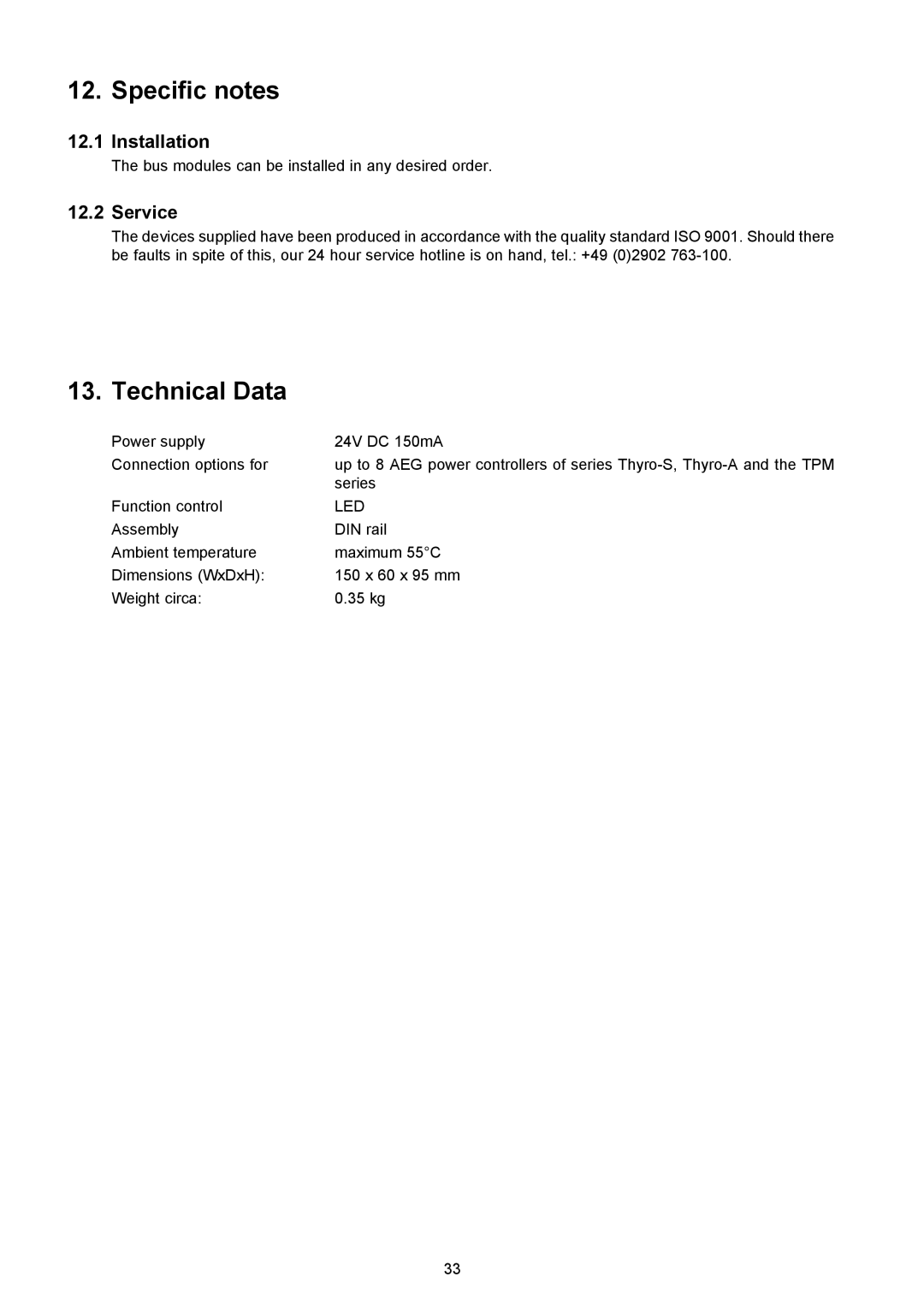 AEG Thyro-S H1 manual Specific notes, Technical Data, Installation, Service 