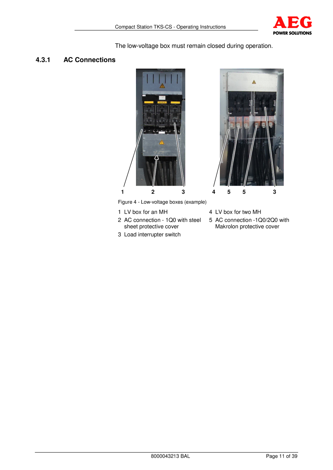 AEG TKS-CS operating instructions AC Connections, Low-voltage boxes example 