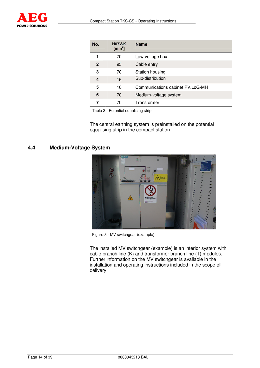 AEG TKS-CS operating instructions Medium-Voltage System, No. H07V-KName 