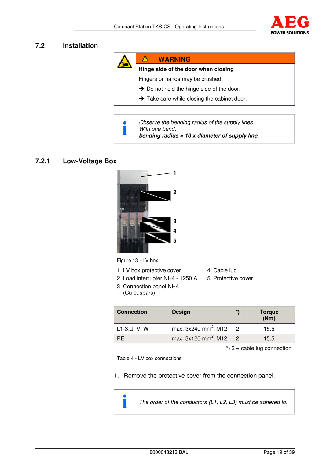 AEG TKS-CS operating instructions Installation, Hinge side of the door when closing, Connection Design Torque 