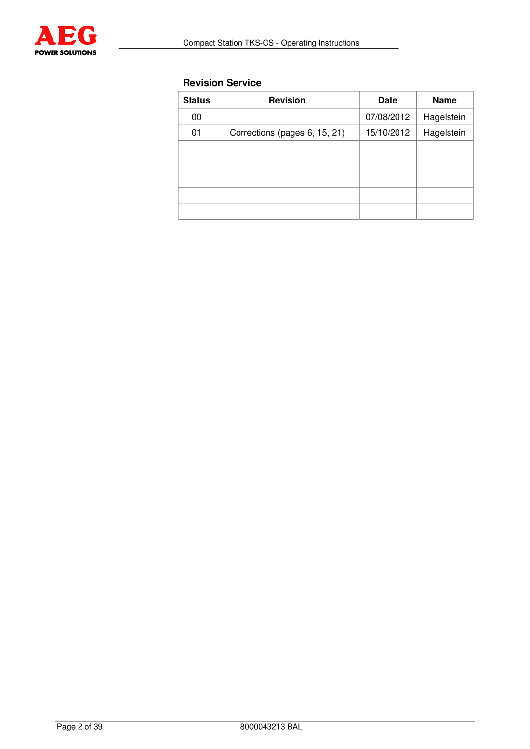 AEG TKS-CS operating instructions Revision Service, Status Revision Date Name 