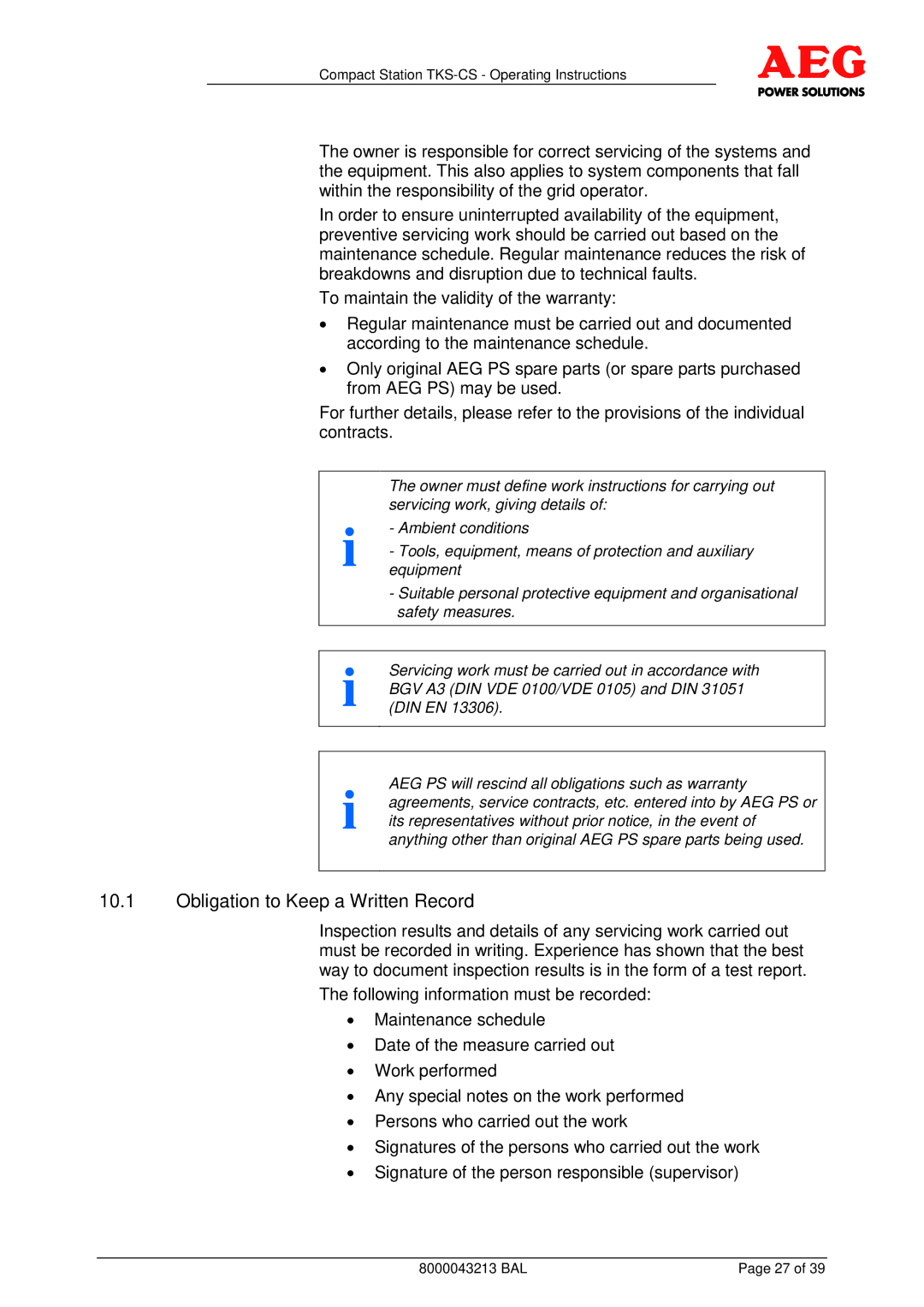 AEG TKS-CS operating instructions Obligation to Keep a Written Record 