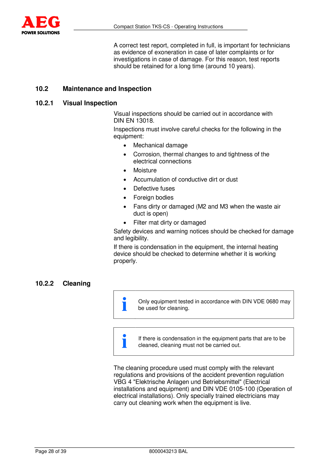 AEG TKS-CS operating instructions Maintenance and Inspection Visual Inspection, Cleaning 