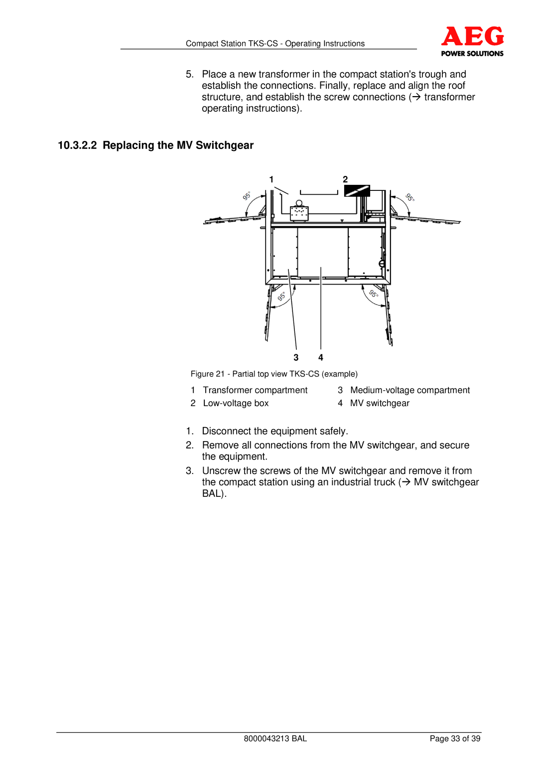 AEG operating instructions Replacing the MV Switchgear, Partial top view TKS-CS example 