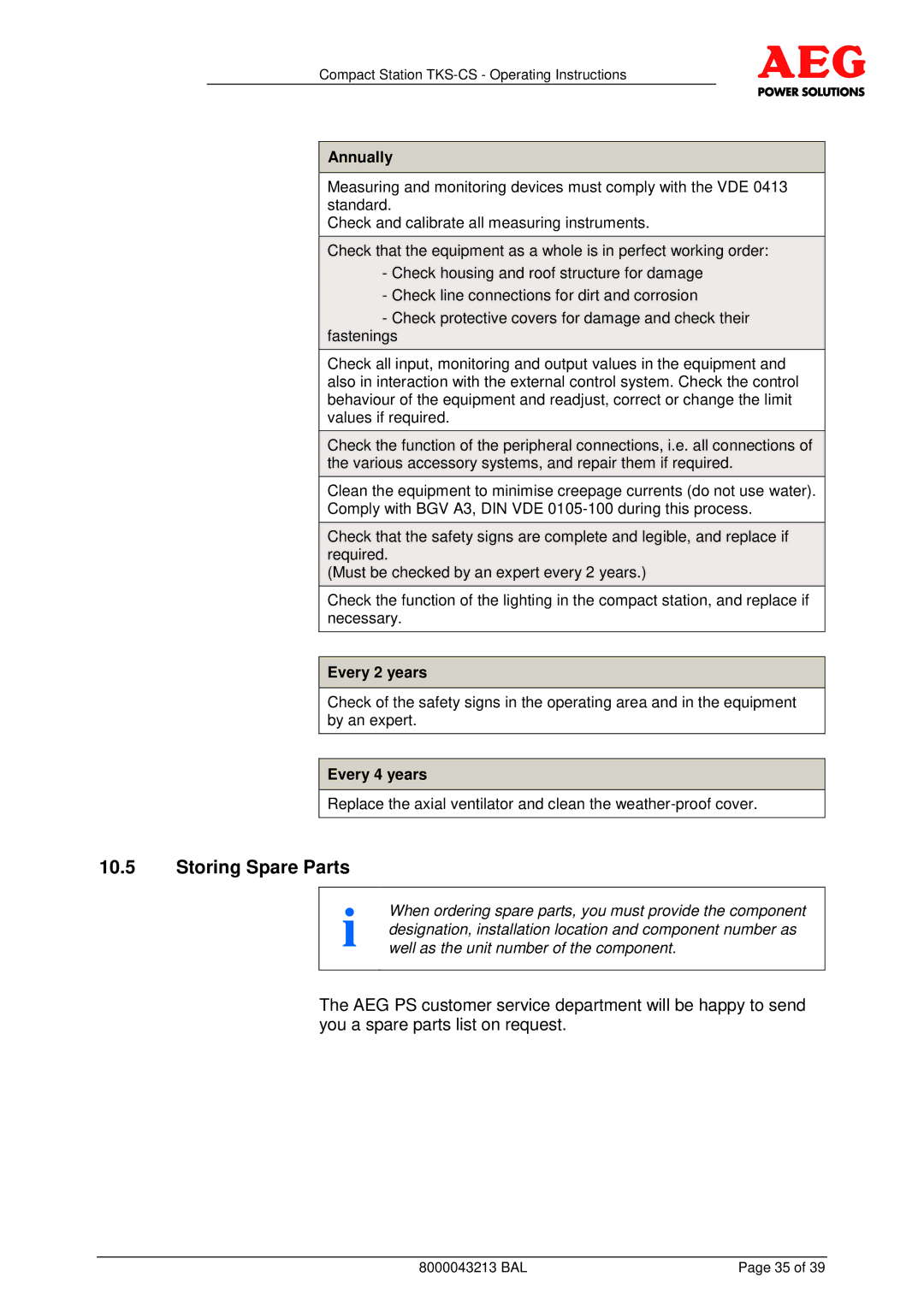 AEG TKS-CS operating instructions Storing Spare Parts, Annually, Every 2 years, Every 4 years 