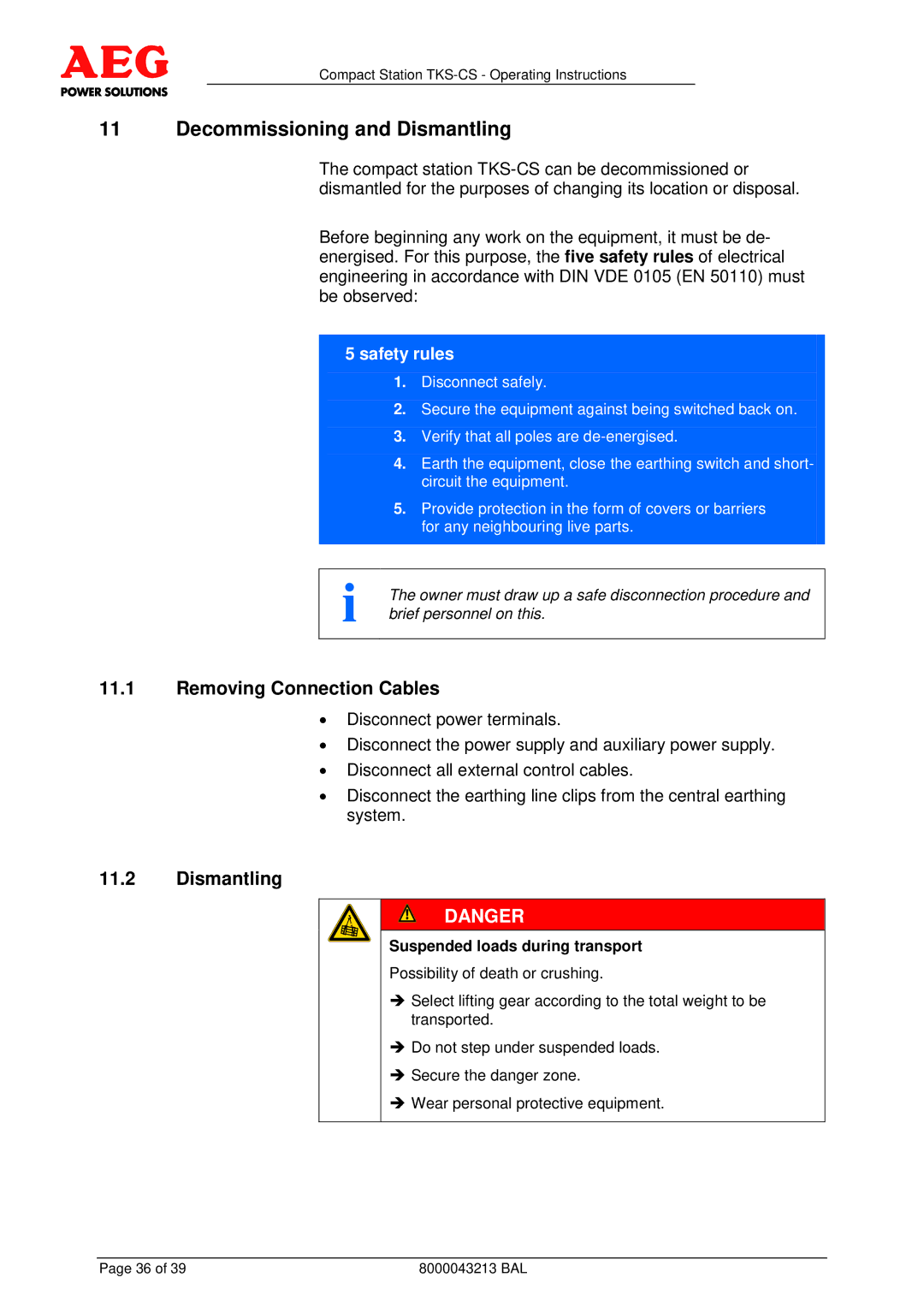 AEG TKS-CS operating instructions Decommissioning and Dismantling, Removing Connection Cables 