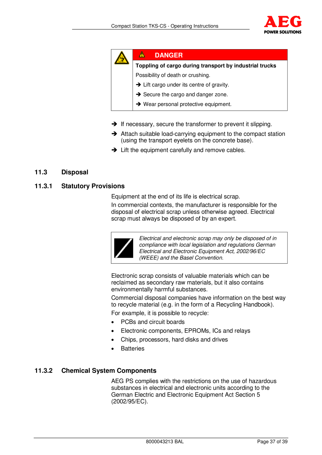 AEG TKS-CS operating instructions Disposal Statutory Provisions, Chemical System Components 