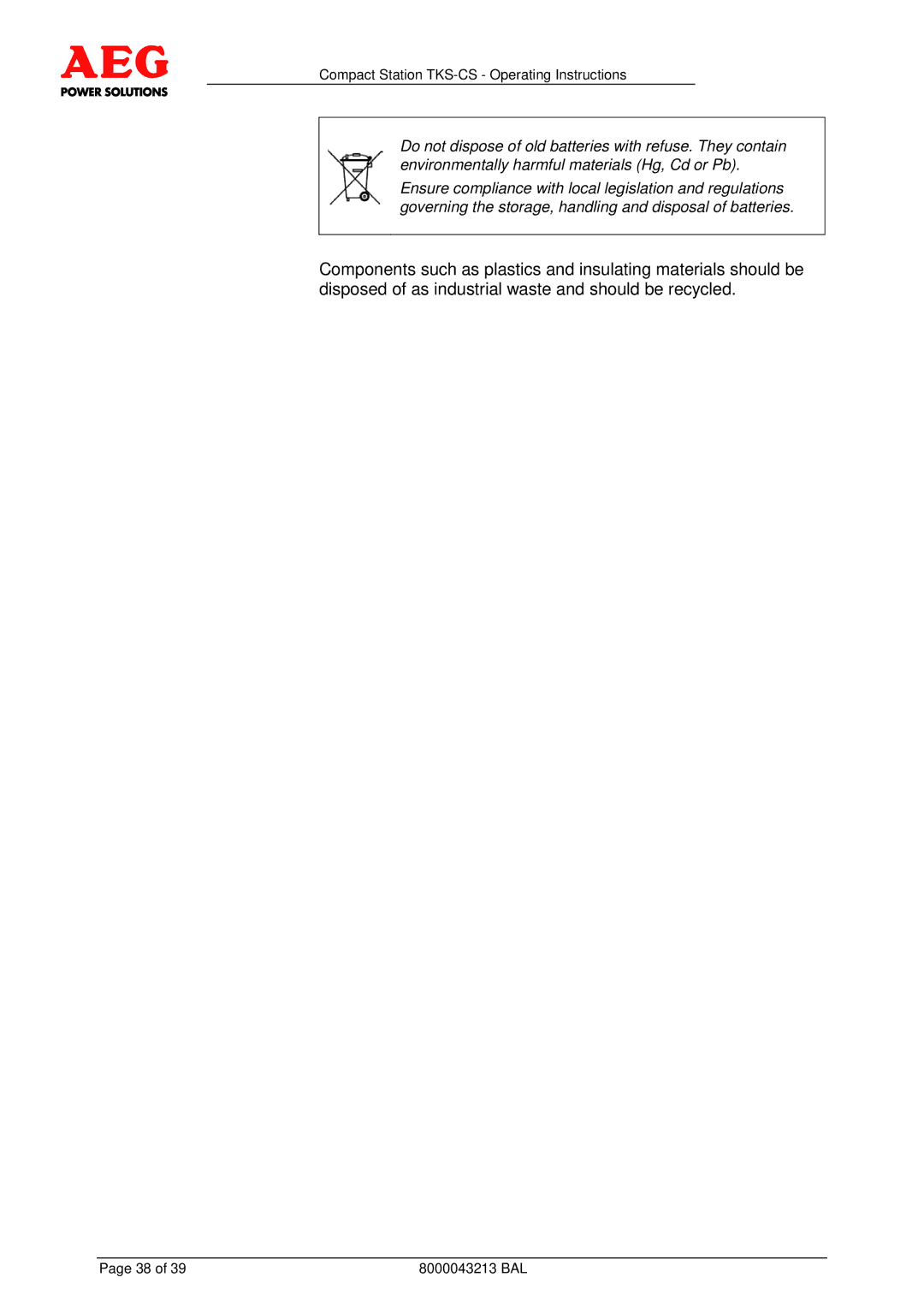 AEG operating instructions Compact Station TKS-CS Operating Instructions 