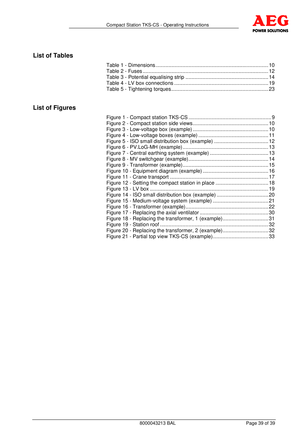 AEG TKS-CS operating instructions List of Tables, List of Figures 