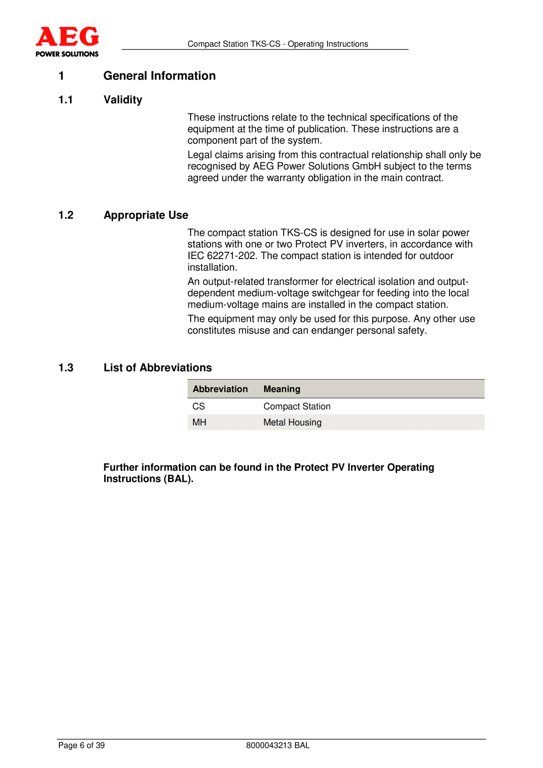 AEG TKS-CS General Information, Validity, Appropriate Use, List of Abbreviations, Abbreviation Meaning 