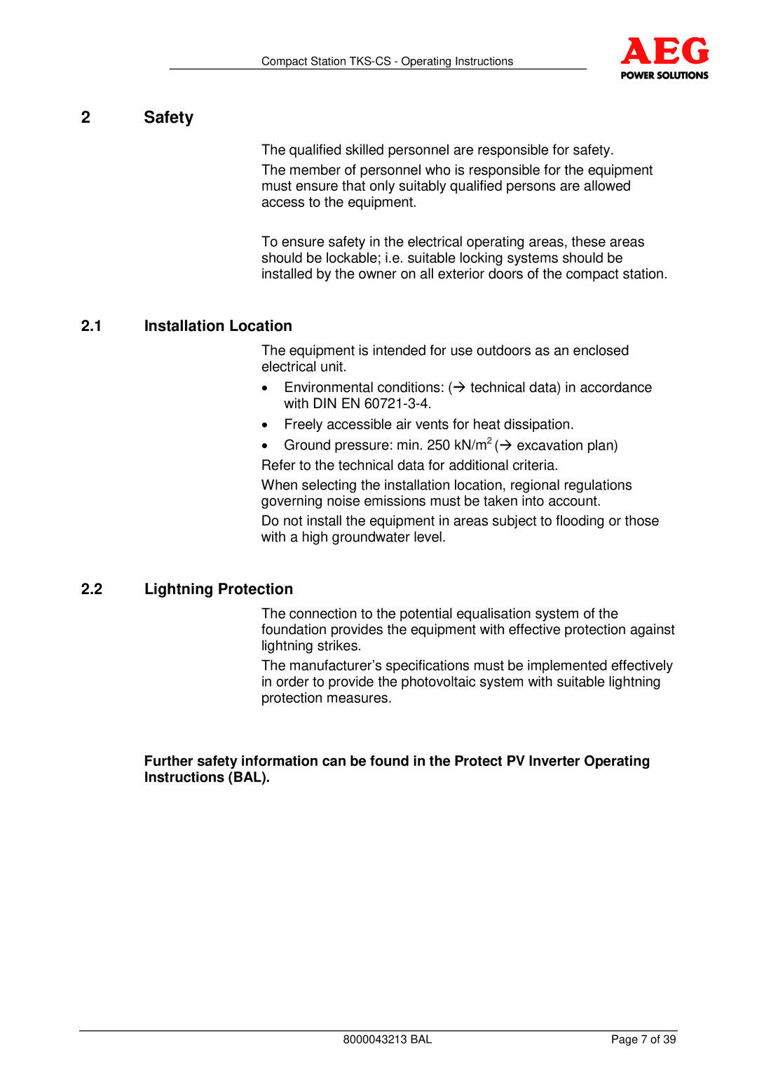 AEG TKS-CS operating instructions Safety, Installation Location, Lightning Protection 