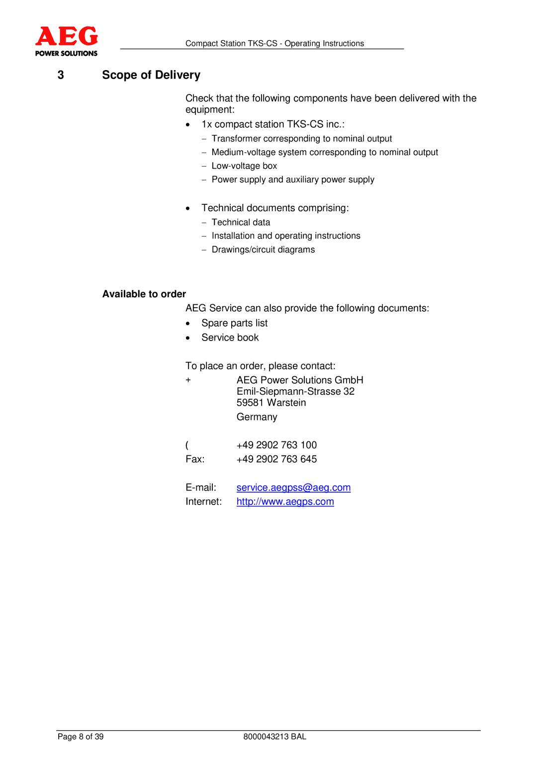 AEG TKS-CS operating instructions Scope of Delivery, Available to order 