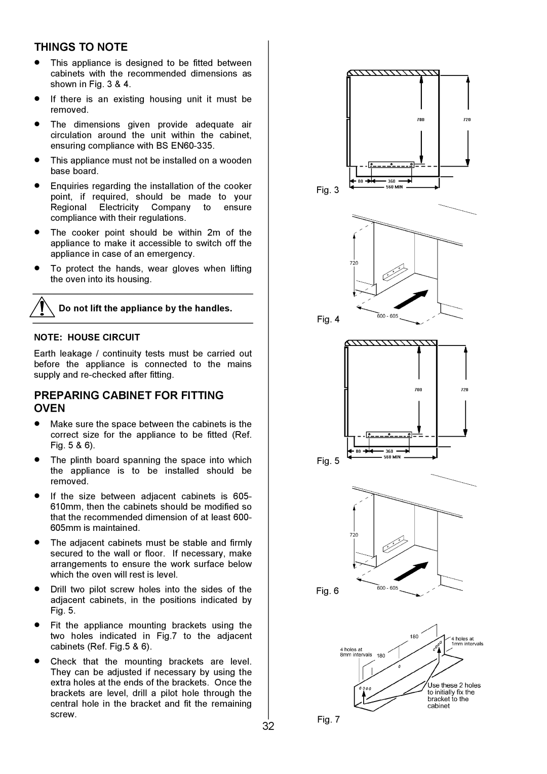 AEG U3100-4 manual Preparing Cabinet for Fitting Oven, Do not lift the appliance by the handles 