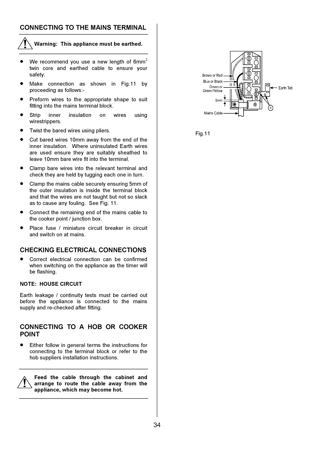 AEG U3100-4 manual Connecting to the Mains Terminal, Checking Electrical Connections, Connecting to a HOB or Cooker Point 