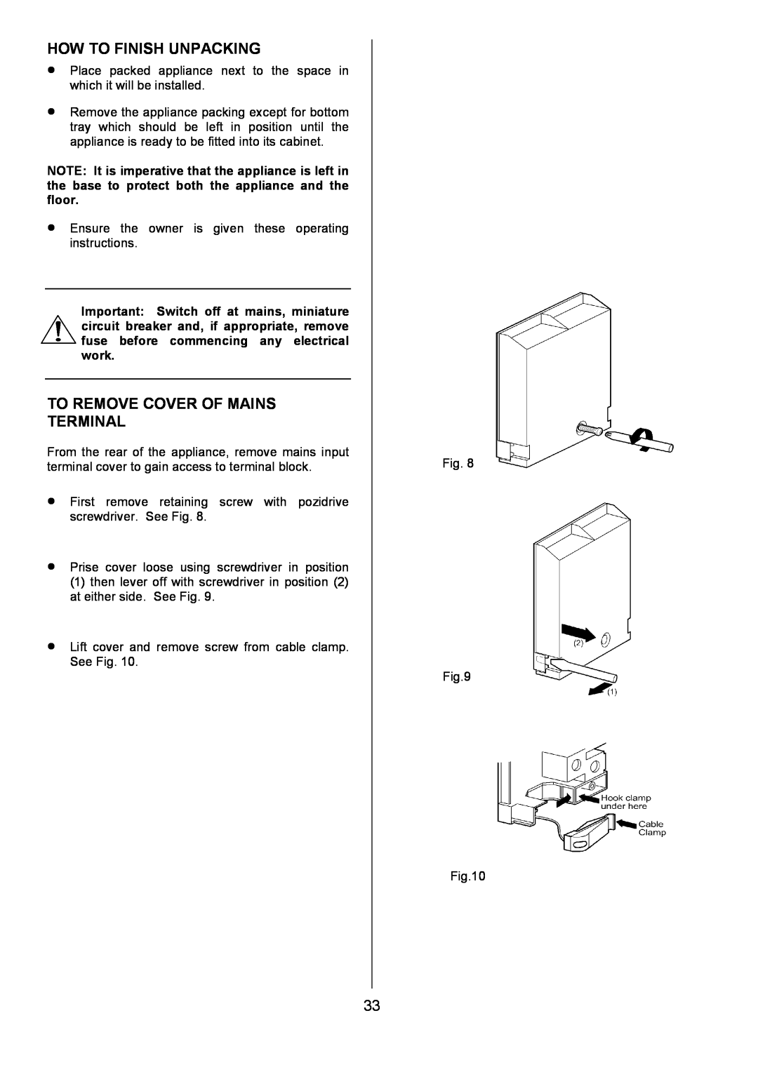 AEG U3100-4 manual How To Finish Unpacking, To Remove Cover Of Mains Terminal 