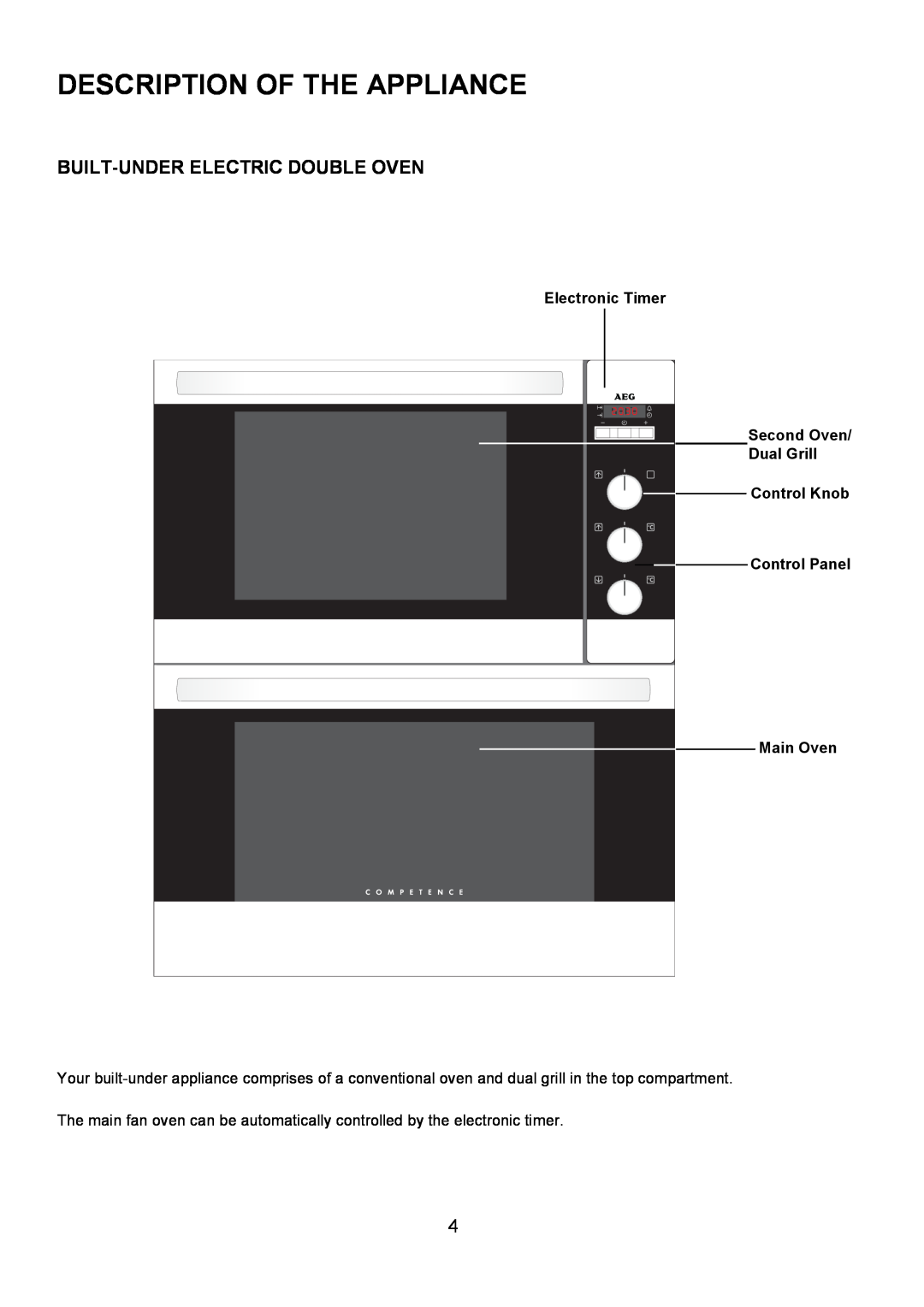 AEG U3100-4 manual Description Of The Appliance, Built-Under Electric Double Oven, Dual Grill, Control Knob, Control Panel 
