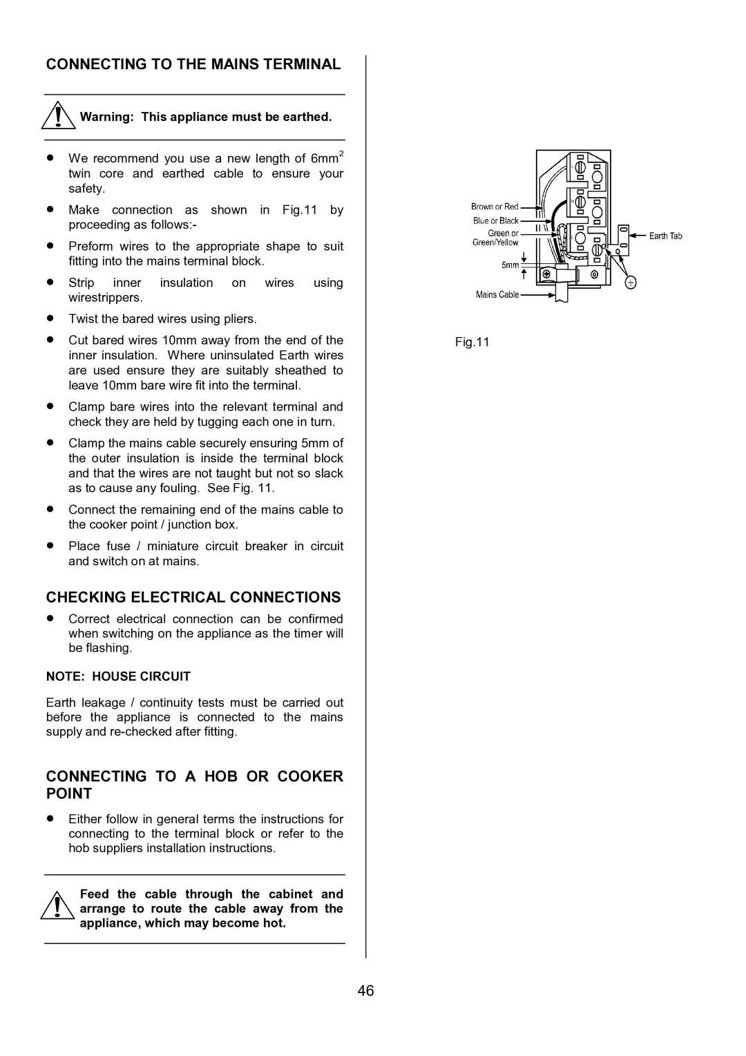 AEG U7101-4 manual Connecting to the Mains Terminal, Checking Electrical Connections, Connecting to a HOB or Cooker Point 