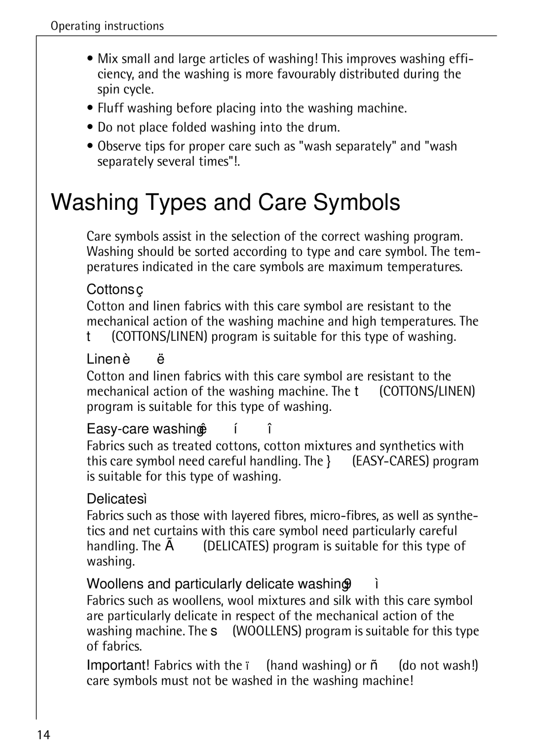 AEG W 1020 manual Washing Types and Care Symbols 