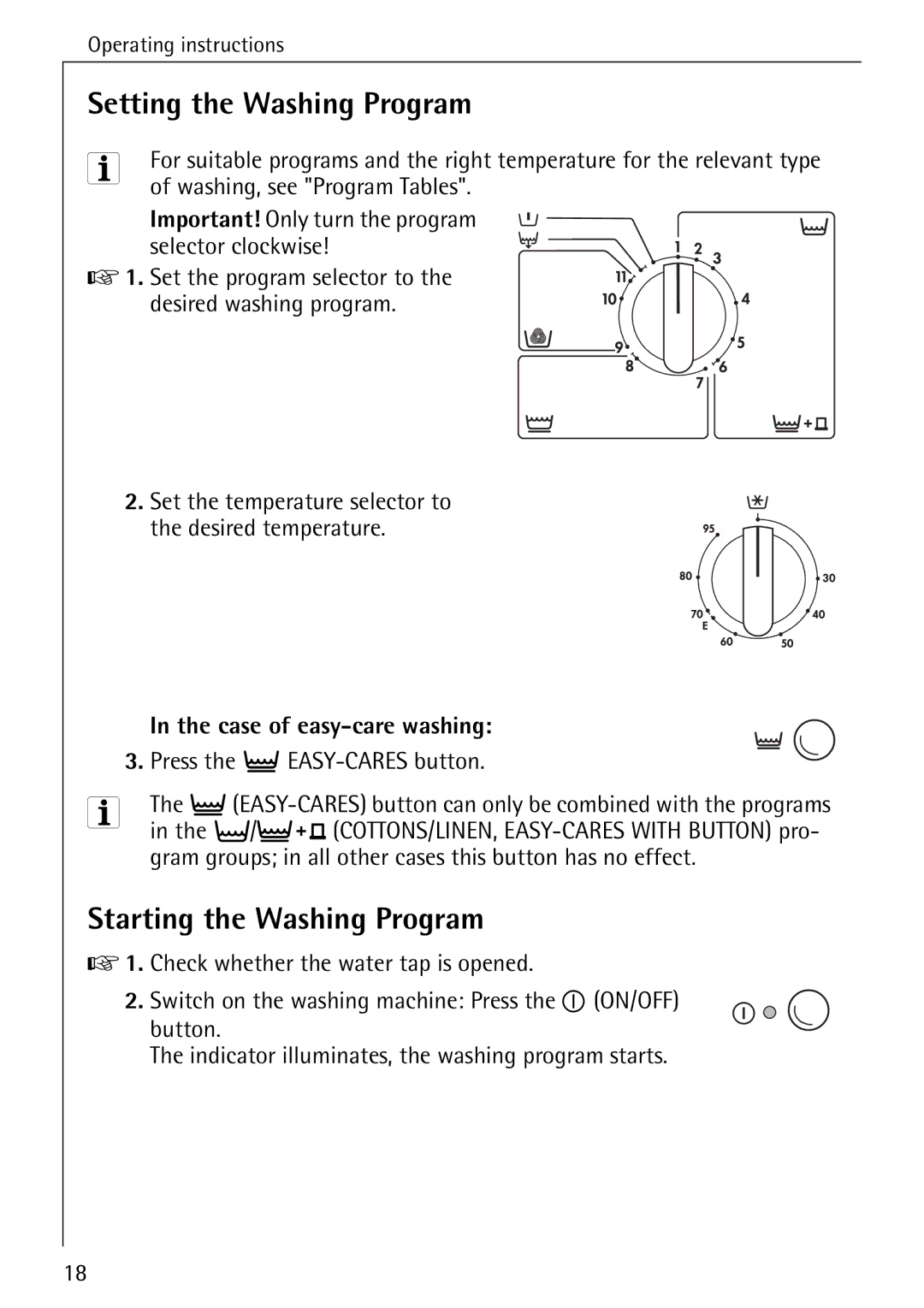 AEG W 1020 manual Setting the Washing Program, Starting the Washing Program, Case of easy-care washing 