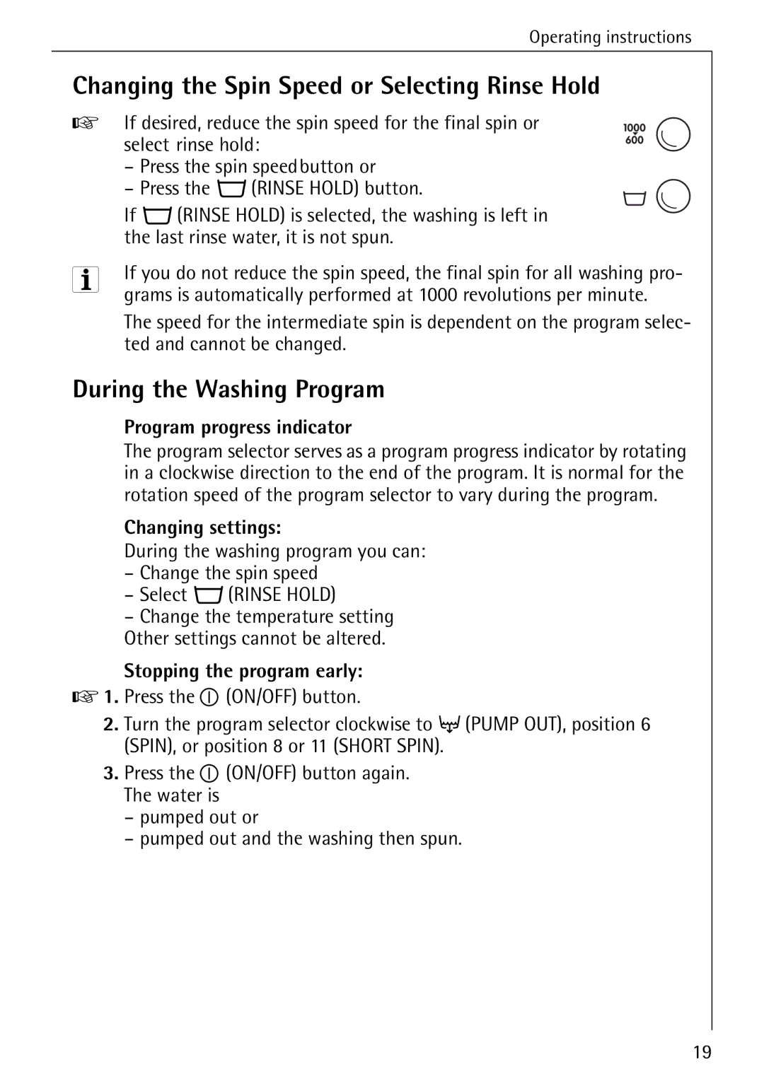 AEG W 1020 manual Changing the Spin Speed or Selecting Rinse Hold, During the Washing Program, Program progress indicator 