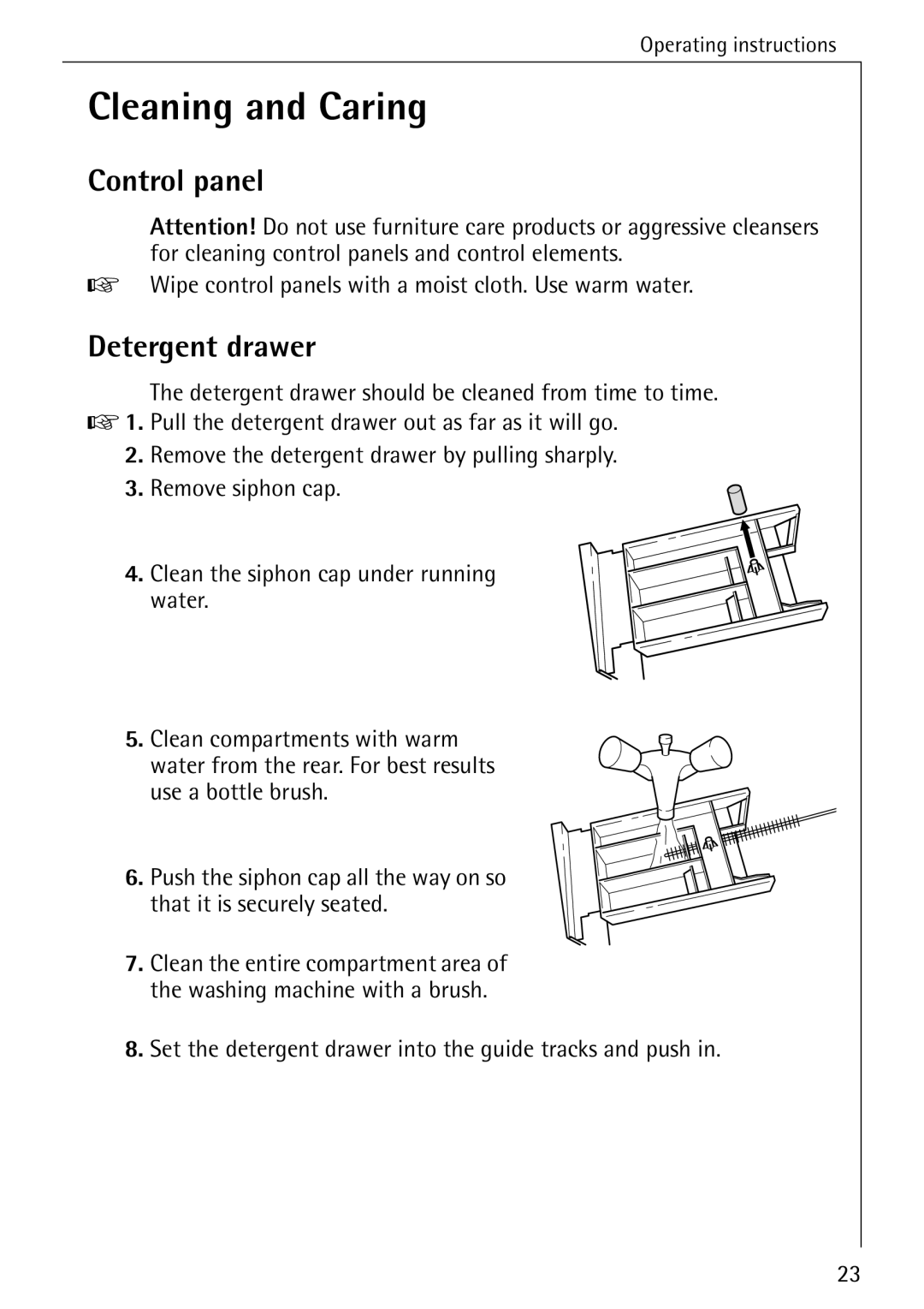 AEG W 1020 manual Cleaning and Caring, Detergent drawer 