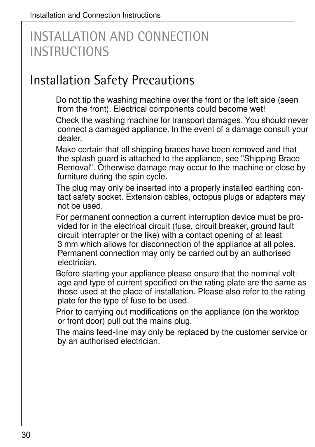 AEG W 1020 manual Installation and Connection Instructions, Installation Safety Precautions 