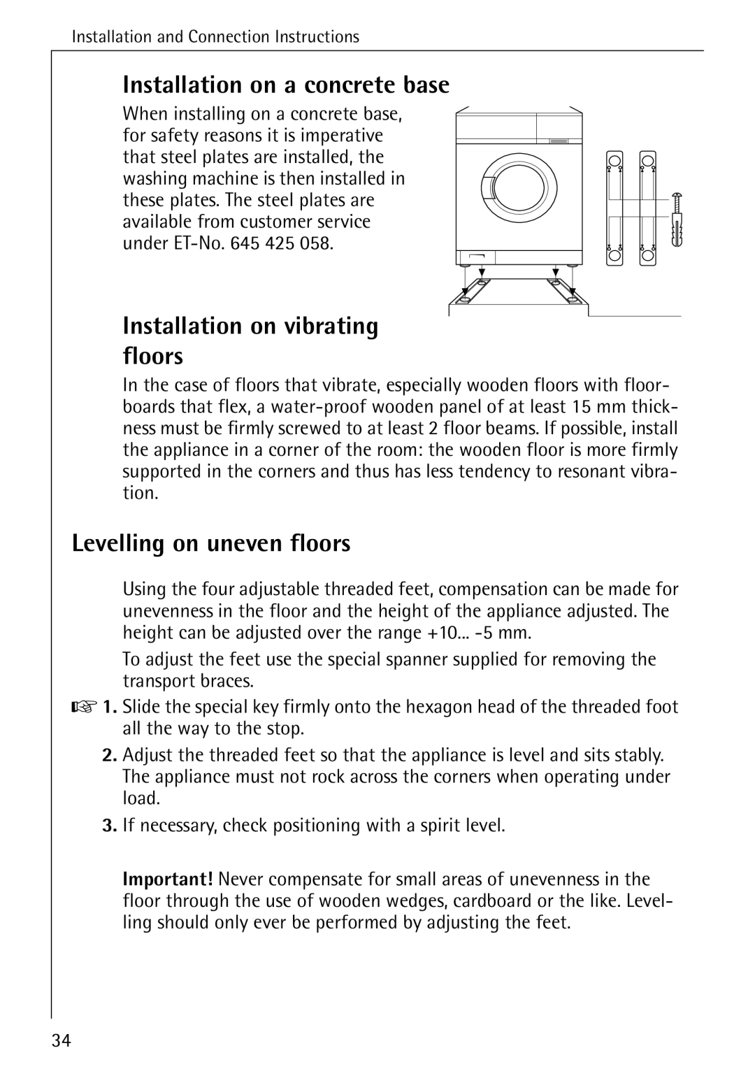 AEG W 1020 manual Installation on a concrete base, Installation on vibrating floors, Levelling on uneven floors 