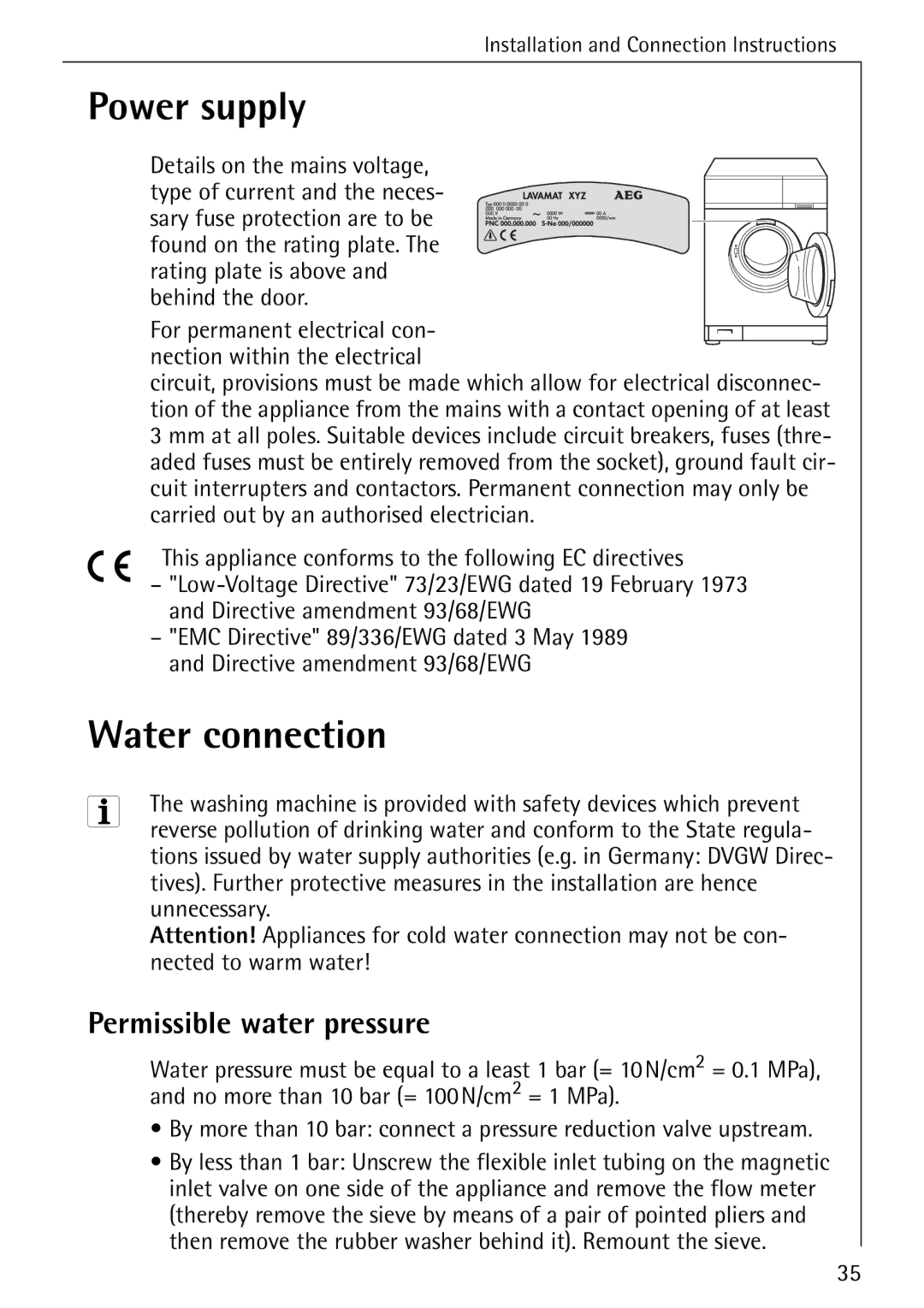 AEG W 1020 manual Power supply, Water connection, Permissible water pressure 