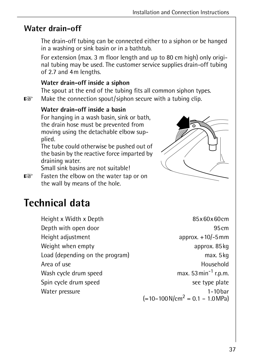 AEG W 1020 manual Technical data, Water drain-off inside a siphon, Water drain-off inside a basin 