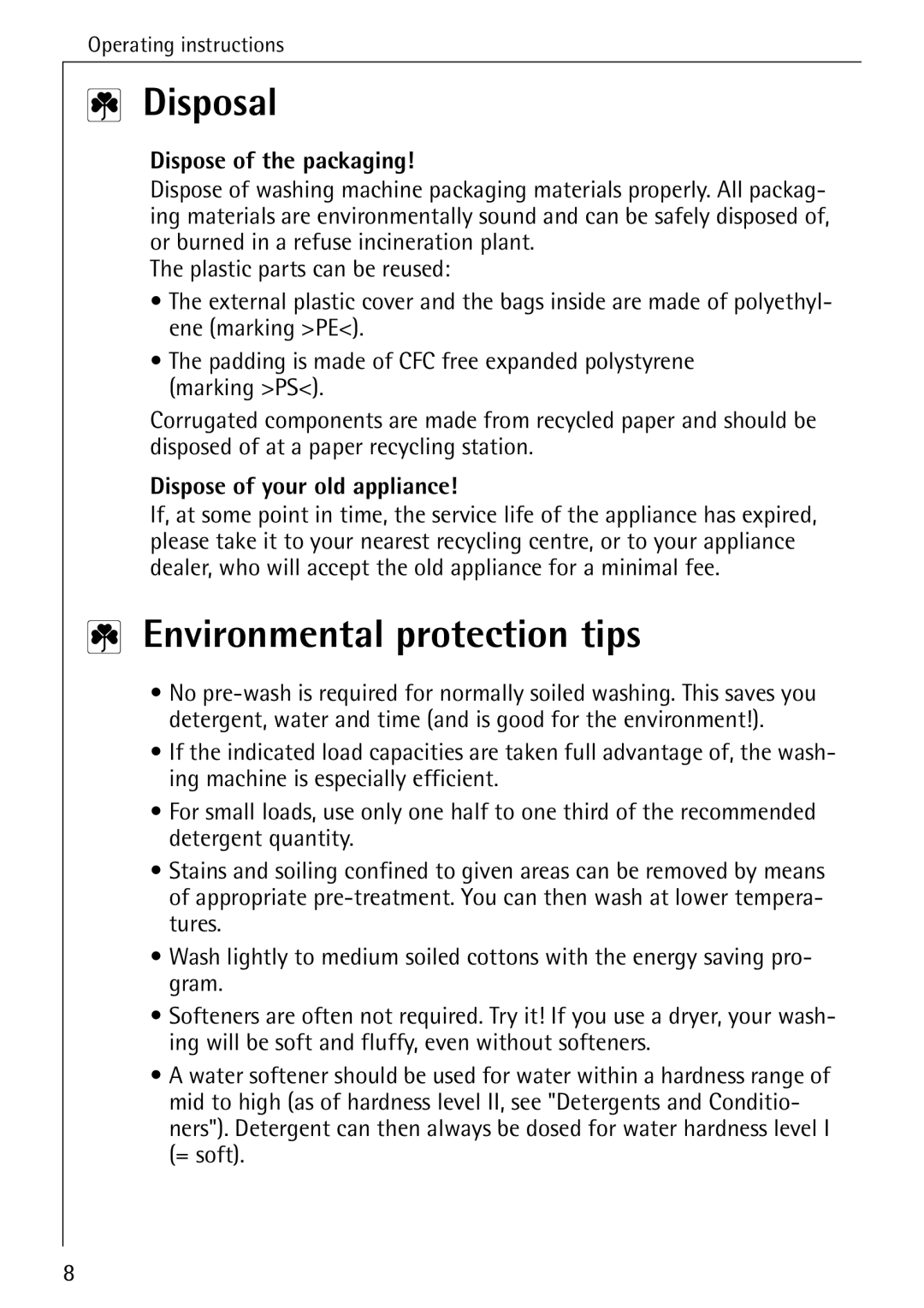 AEG W 1020 manual Disposal, Environmental protection tips, Dispose of the packaging, Dispose of your old appliance 