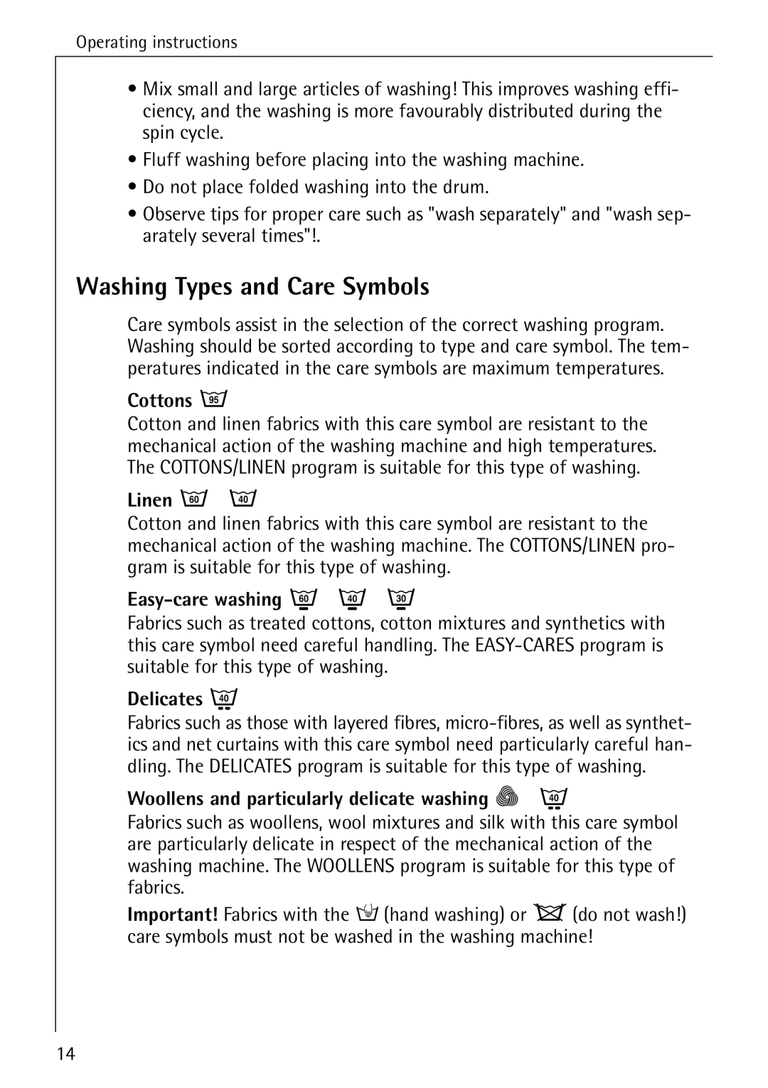 AEG W 1030 manual Washing Types and Care Symbols 