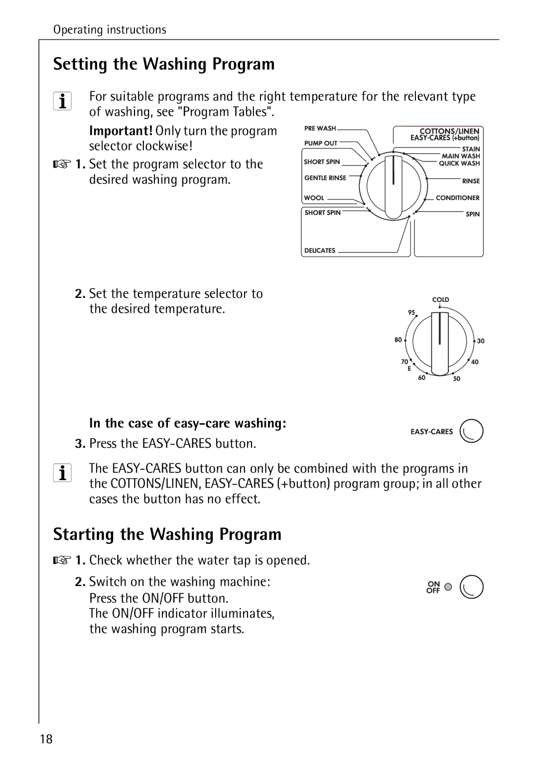 AEG W 1030 manual Setting the Washing Program, Starting the Washing Program, Case of easy-care washing 