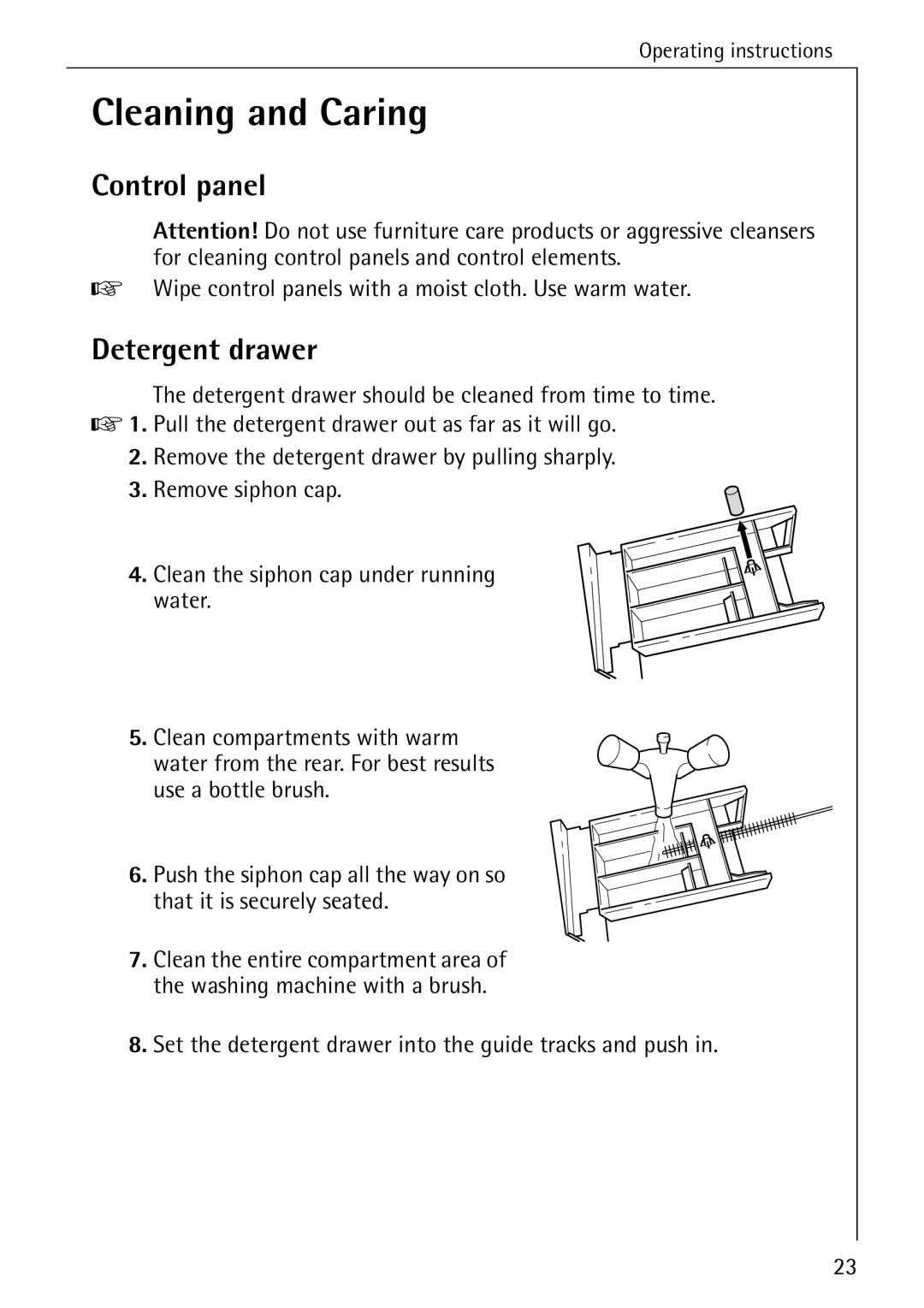 AEG W 1030 manual Cleaning and Caring, Detergent drawer 