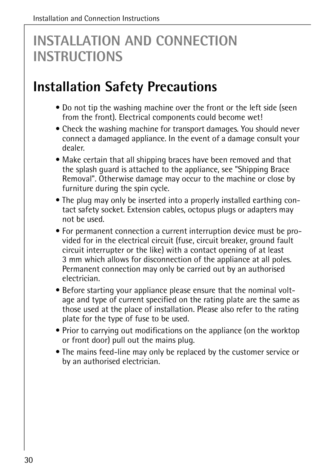 AEG W 1030 manual Installation and Connection Instructions, Installation Safety Precautions 