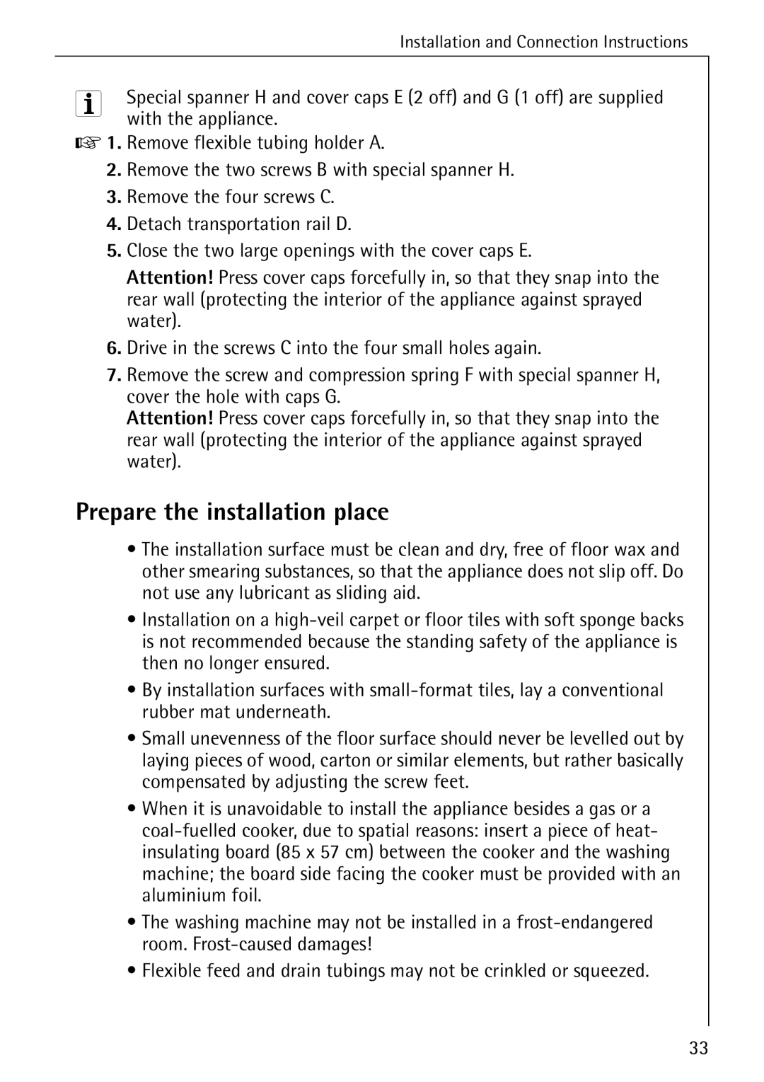 AEG W 1030 manual Prepare the installation place 
