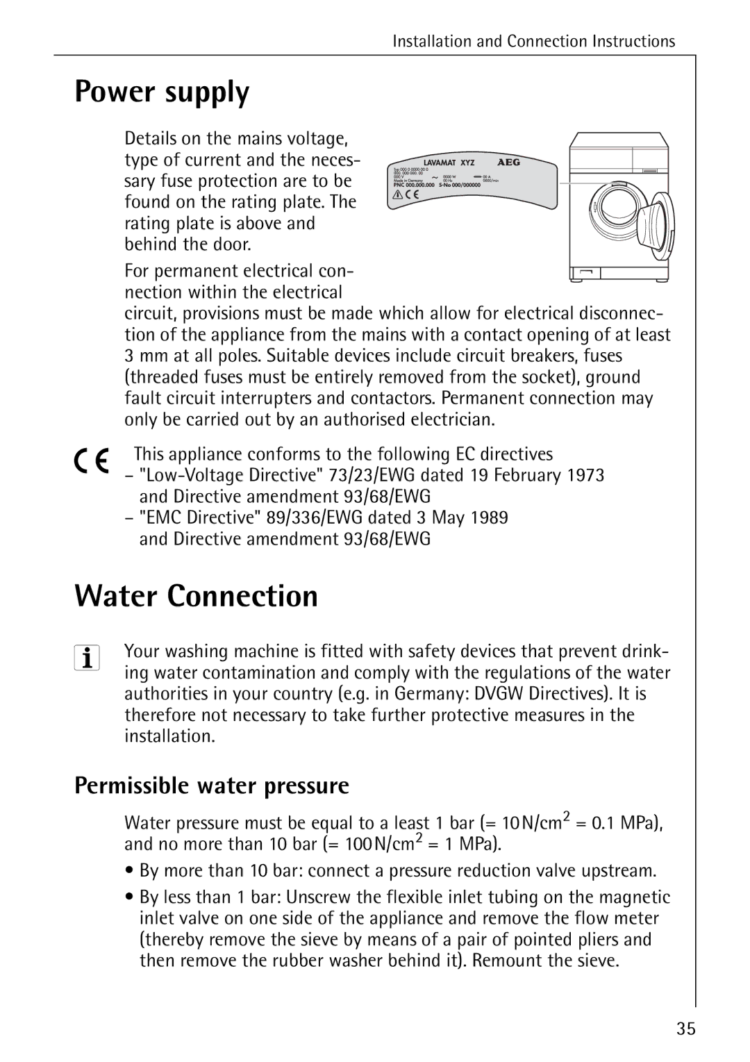 AEG W 1030 manual Power supply, Water Connection, Permissible water pressure 