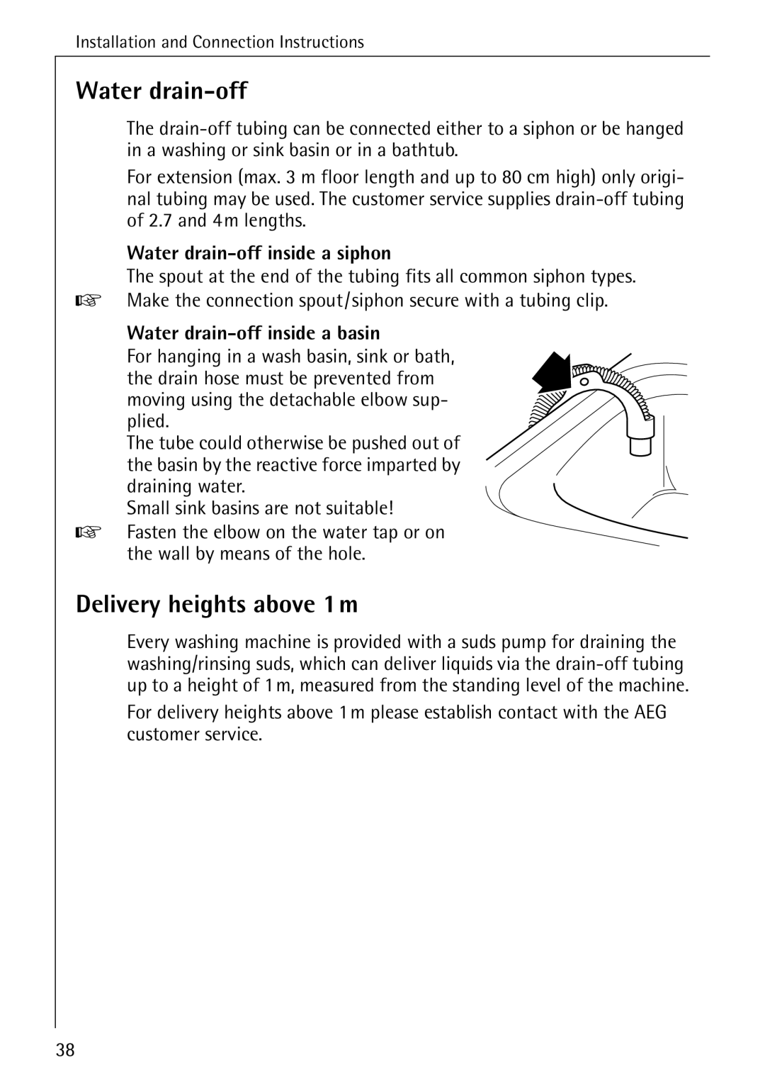 AEG W 1030 manual Delivery heights above 1m, Water drain-off inside a siphon, Water drain-off inside a basin 