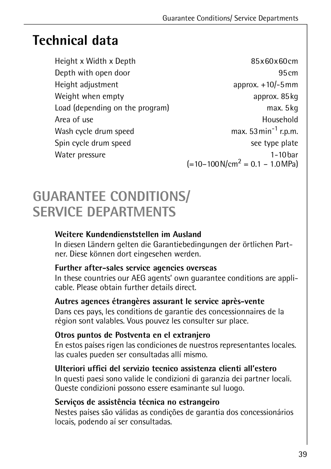 AEG W 1030 manual Technical data 