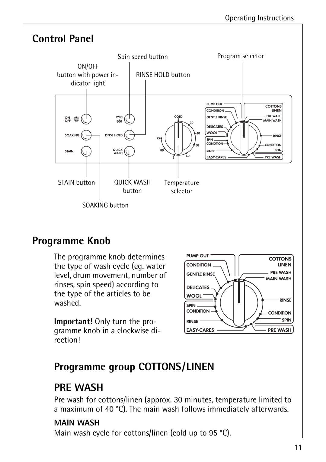 AEG W 1230 manual Control Panel, Programme Knob, Programme group COTTONS/LINEN 